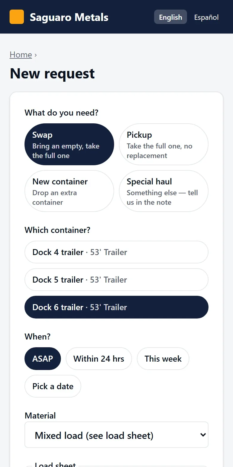 The request form with Swap selected, Dock 6 trailer chosen and ASAP picked.