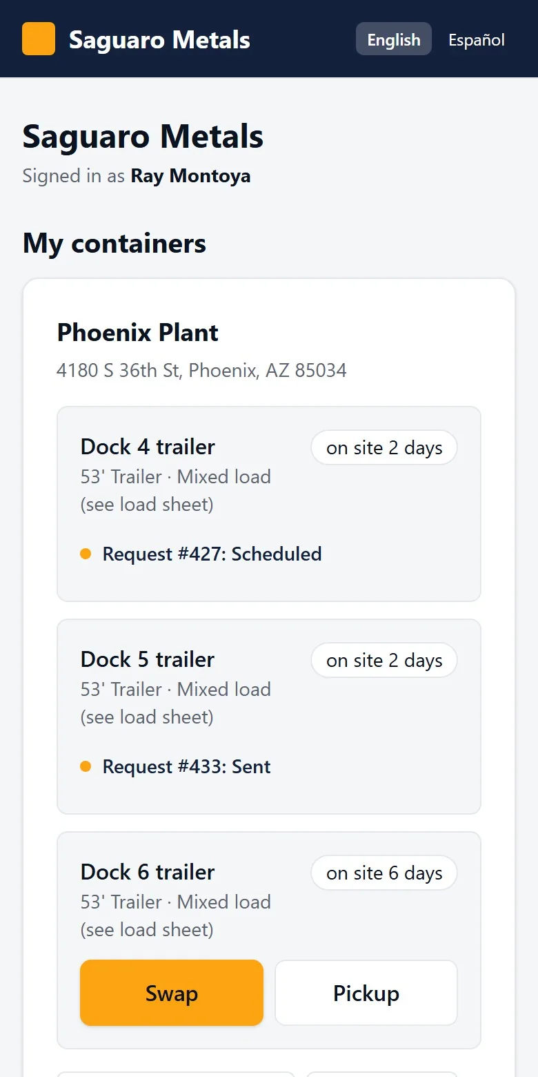 The customer's phone: their containers at the Phoenix Plant, each with days on site and a Swap button.