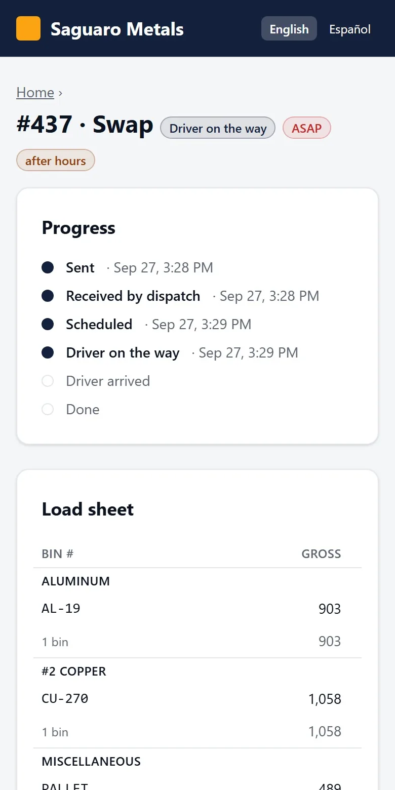 Ticket 437 showing the driver is on the way.