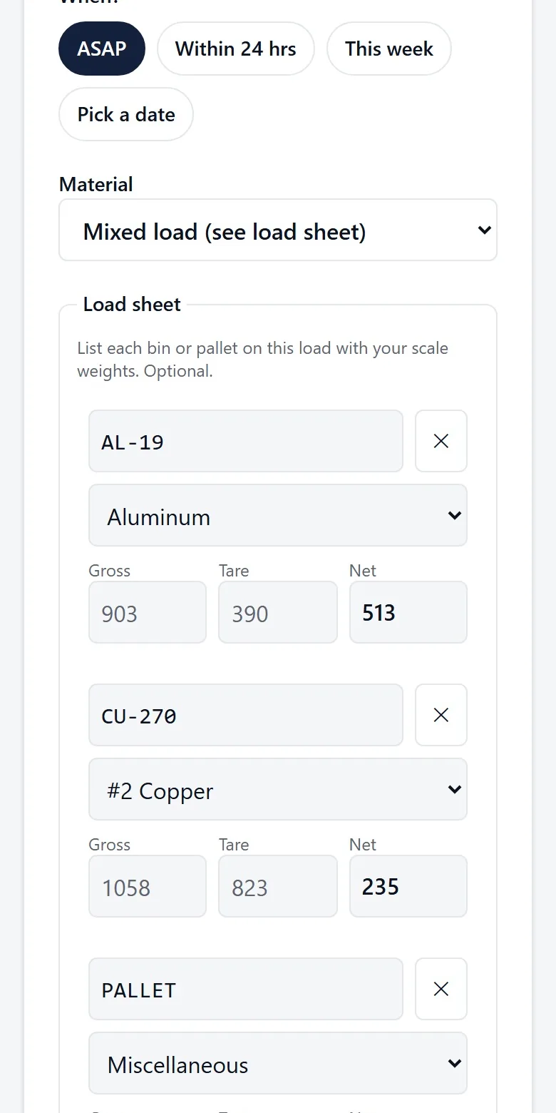 A load sheet being filled in on the phone, with gross, tare and net for each bin.