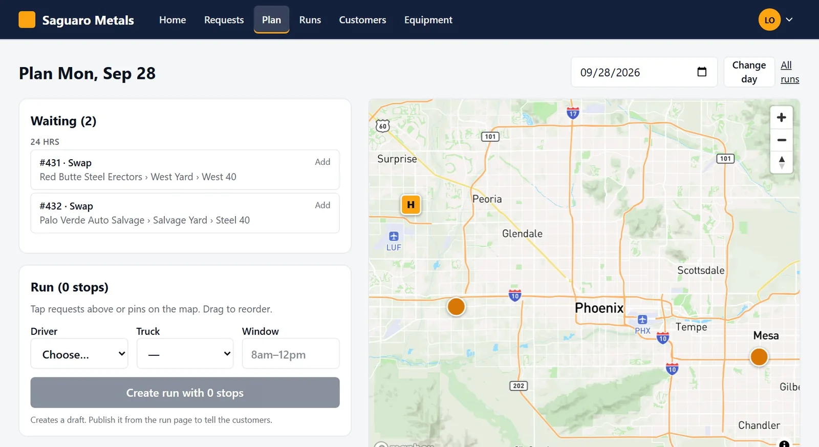 The planner with two waiting requests and a map of stops.