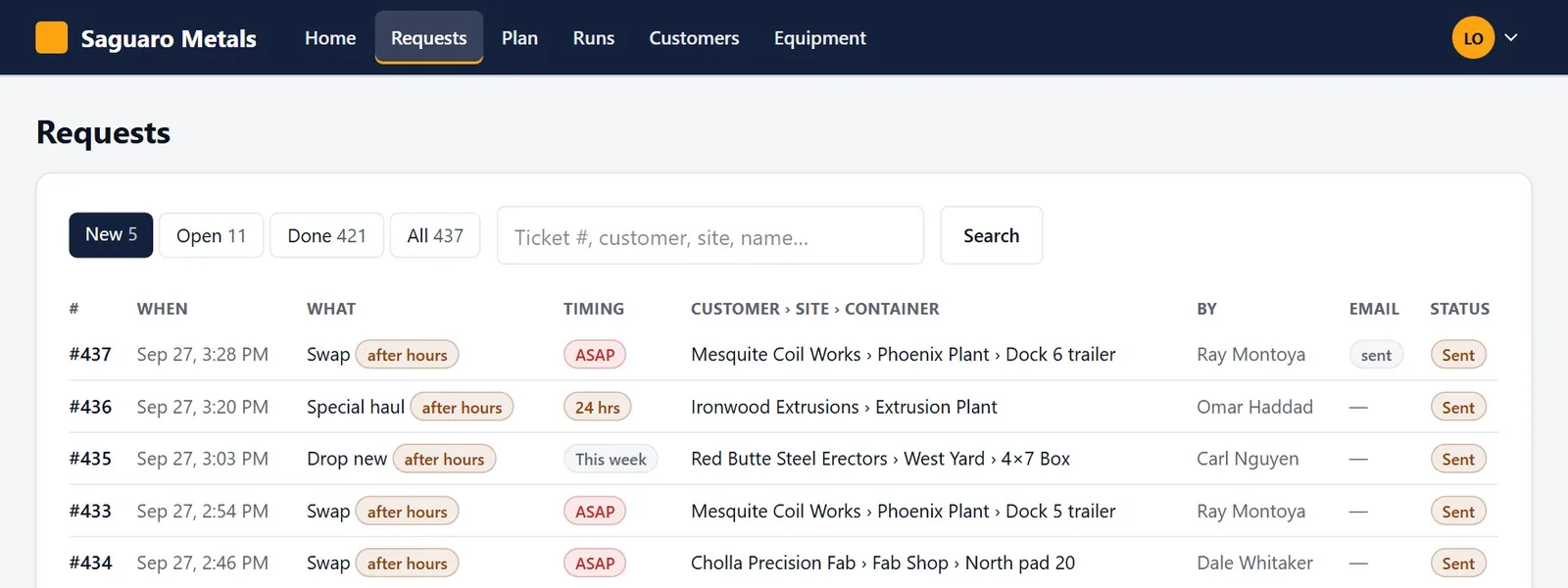 The dispatch queue: new requests with ticket number, timing, customer, site and who asked.