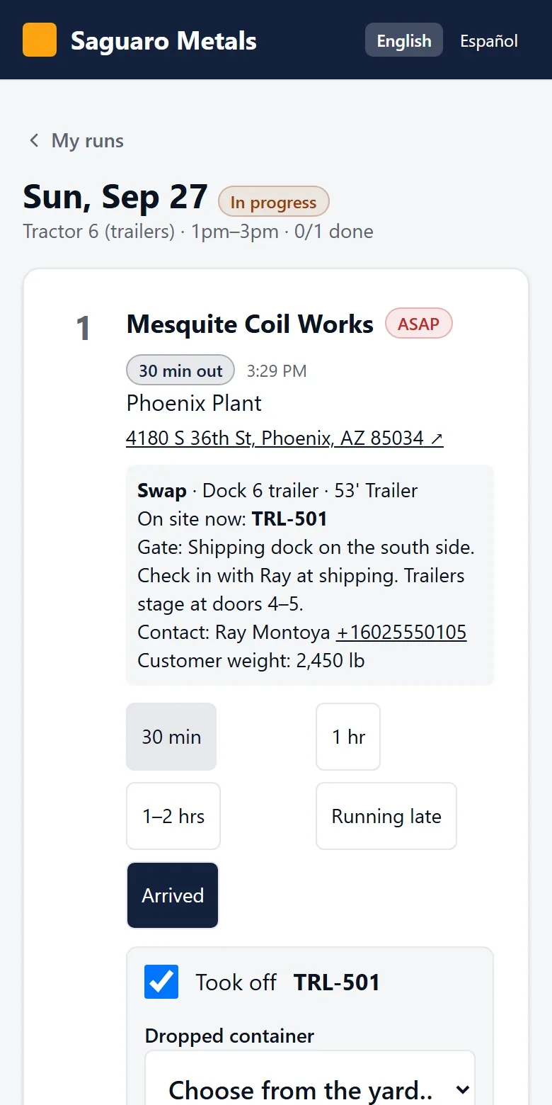 The driver's phone: a stop with the 30 minute, 1 hour, 1 to 2 hours, running late and arrived buttons.