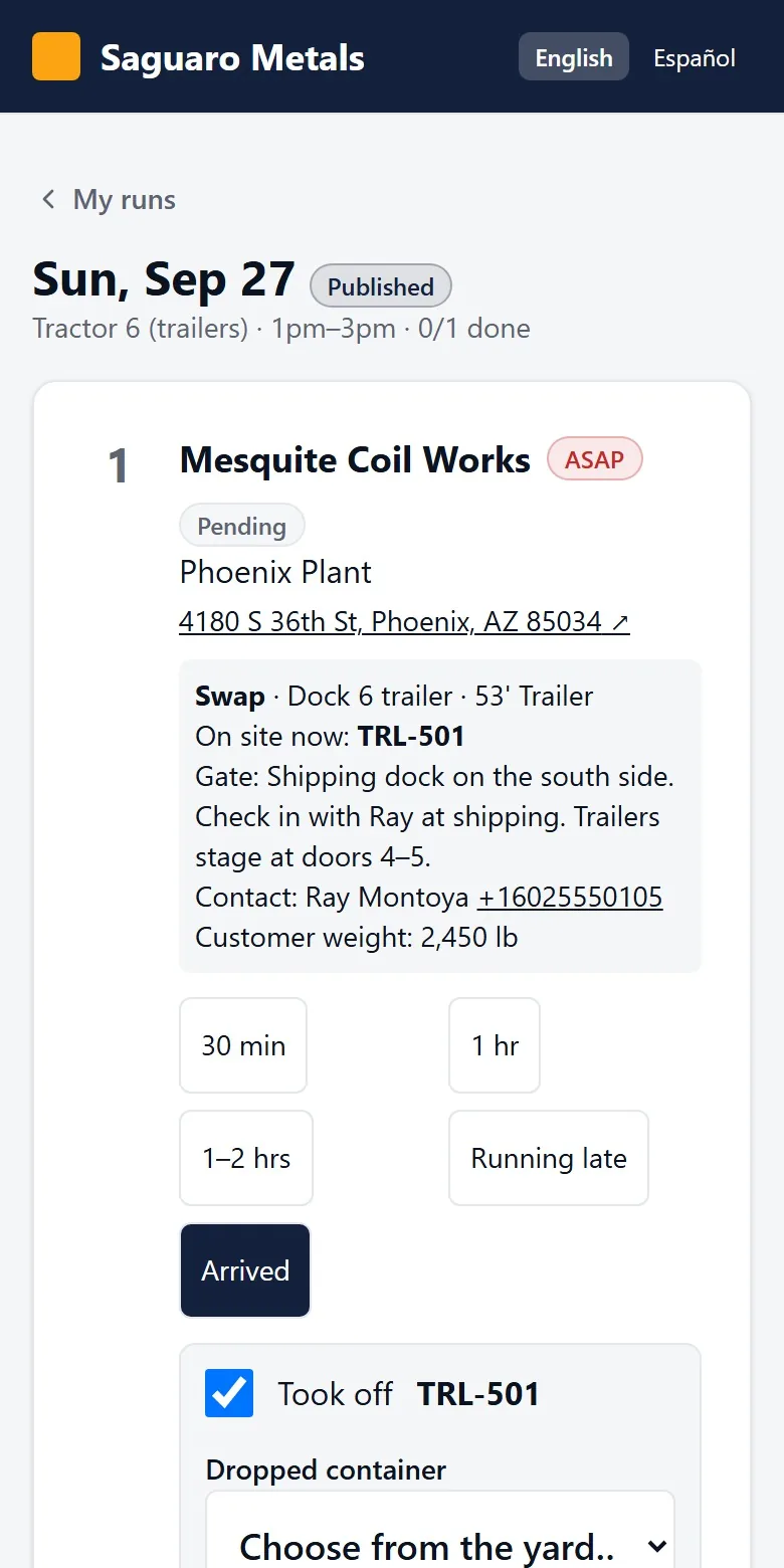 A stop card for Mesquite Coil Works with address, gate notes, contact and arrival buttons.