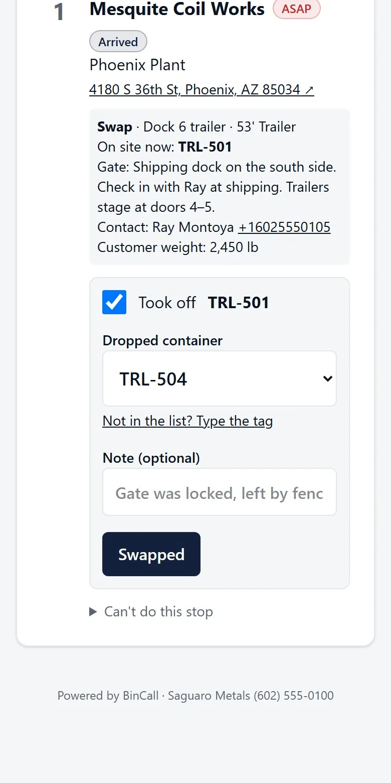 The driver confirming trailer 501 was taken off and trailer 504 dropped.