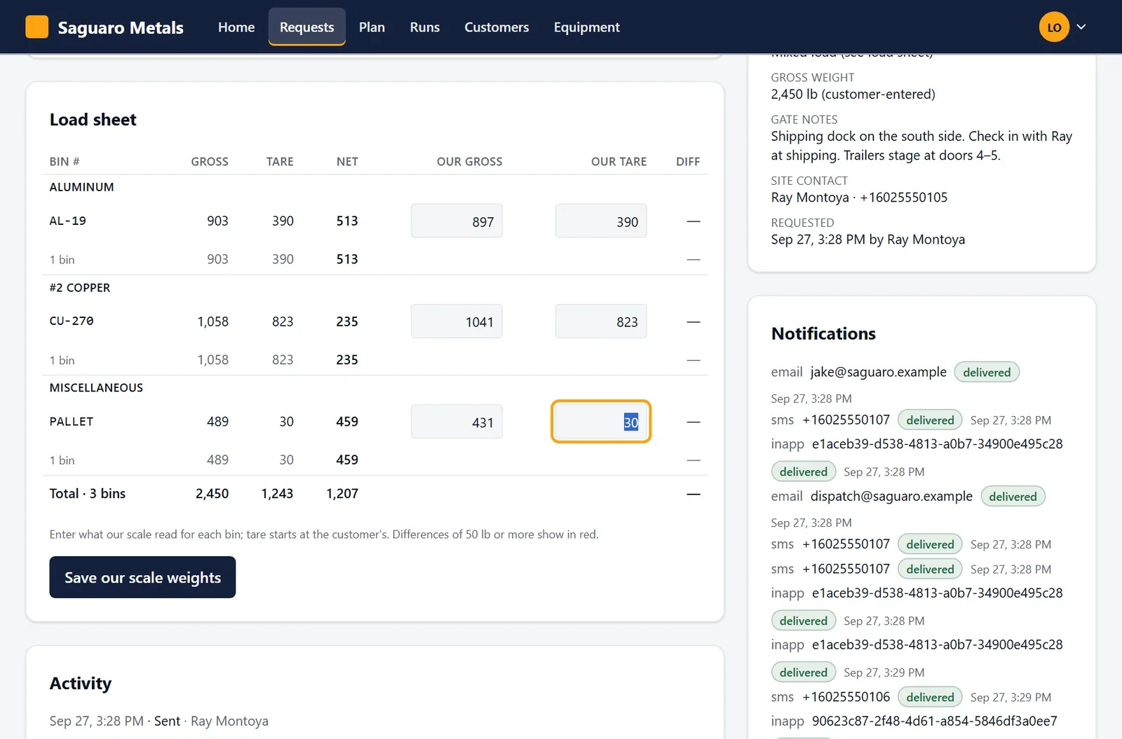 The load sheet in the portal with the yard's gross and tare being typed in.